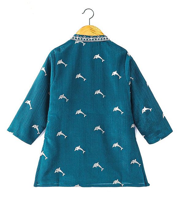 Babyhug Woven Full Sleeves Foil Printed Kurta & Dhoti Set - Teal Blue