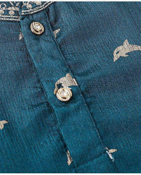 Babyhug Woven Full Sleeves Foil Printed Kurta & Dhoti Set - Teal Blue