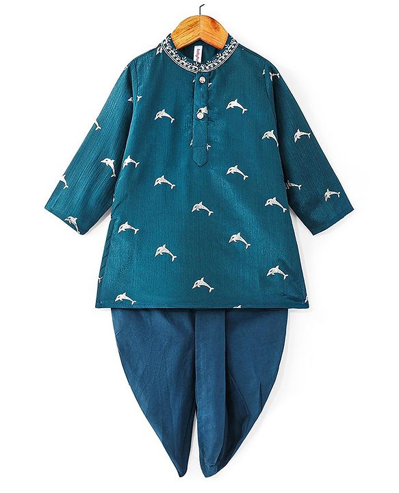 Babyhug Woven Full Sleeves Foil Printed Kurta & Dhoti Set - Teal Blue