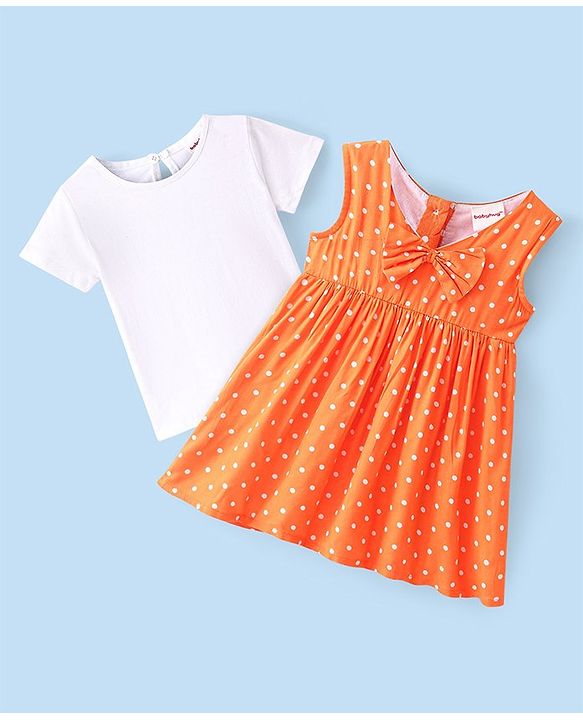 Babyhug Cotton Woven Frock with Half Sleeves T-Shirt Polka Dot Print - Multicolour