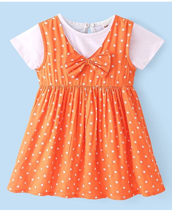 Babyhug Cotton Woven Frock with Half Sleeves T-Shirt Polka Dot Print - Multicolour