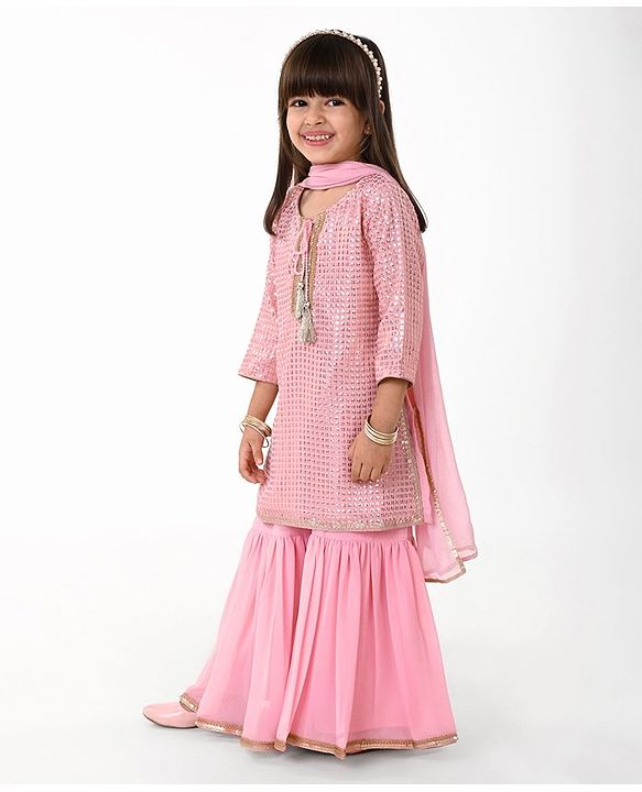 Babyhug Three Fourth Sleeves Sequenced & Embroidered Kurti with Sharara & Dupatta Set - Pink
