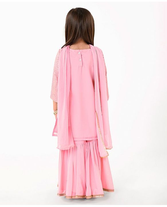 Babyhug Three Fourth Sleeves Sequenced & Embroidered Kurti with Sharara & Dupatta Set - Pink
