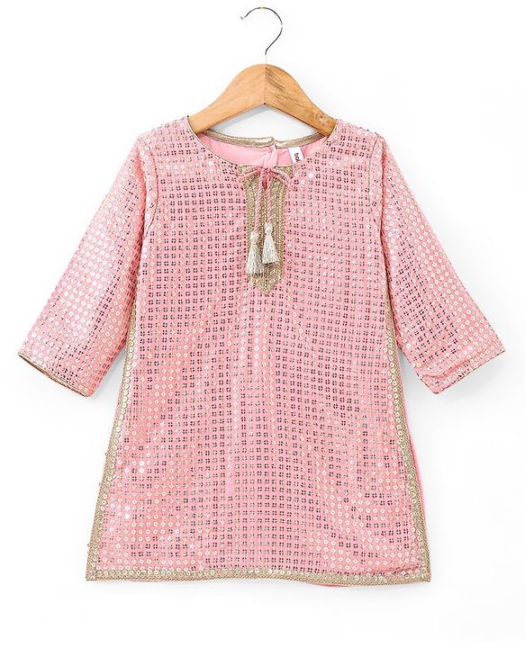 Babyhug Three Fourth Sleeves Sequenced & Embroidered Kurti with Sharara & Dupatta Set - Pink