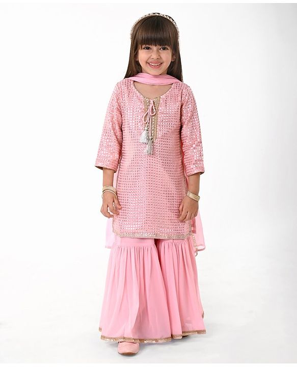 Babyhug Three Fourth Sleeves Sequenced & Embroidered Kurti with Sharara & Dupatta Set - Pink