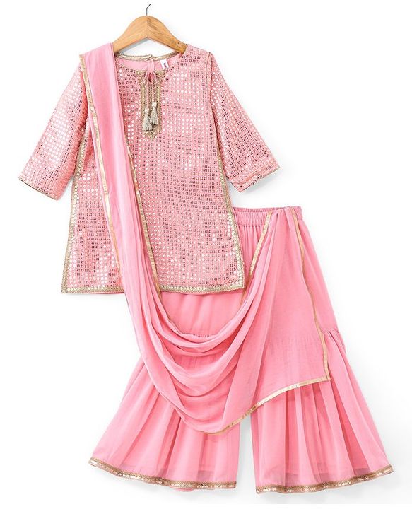 Babyhug Three Fourth Sleeves Sequenced & Embroidered Kurti with Sharara & Dupatta Set - Pink
