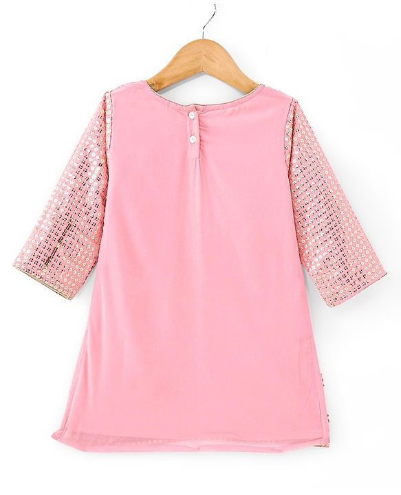 Babyhug Three Fourth Sleeves Sequenced & Embroidered Kurti with Sharara & Dupatta Set - Pink
