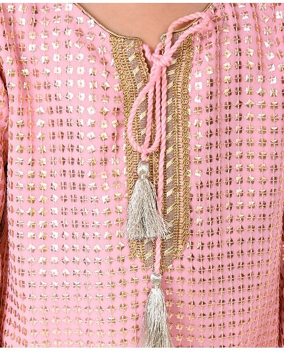 Babyhug Three Fourth Sleeves Sequenced & Embroidered Kurti with Sharara & Dupatta Set - Pink
