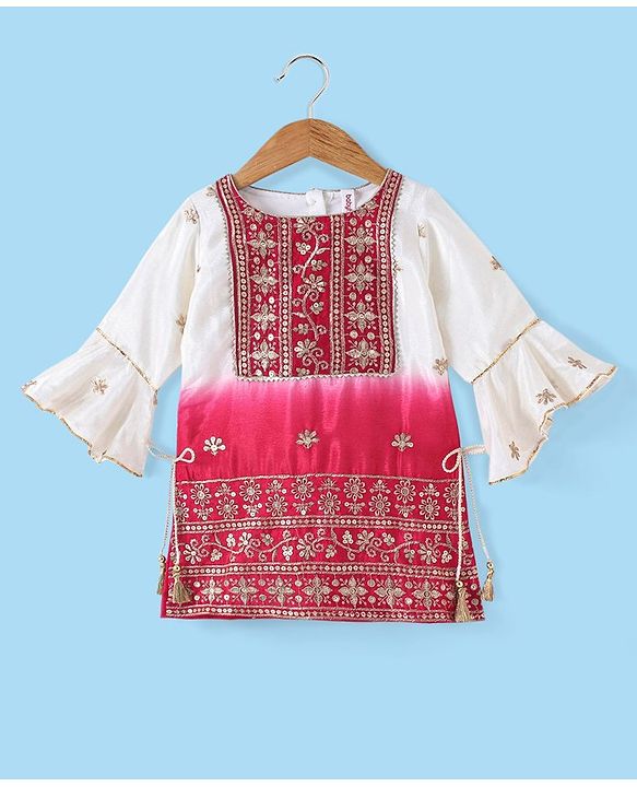 Babyhug Three Fourth Sleeve Shaded Floral Embroidered Kurti Palazo Set with  Dupatta-Off White