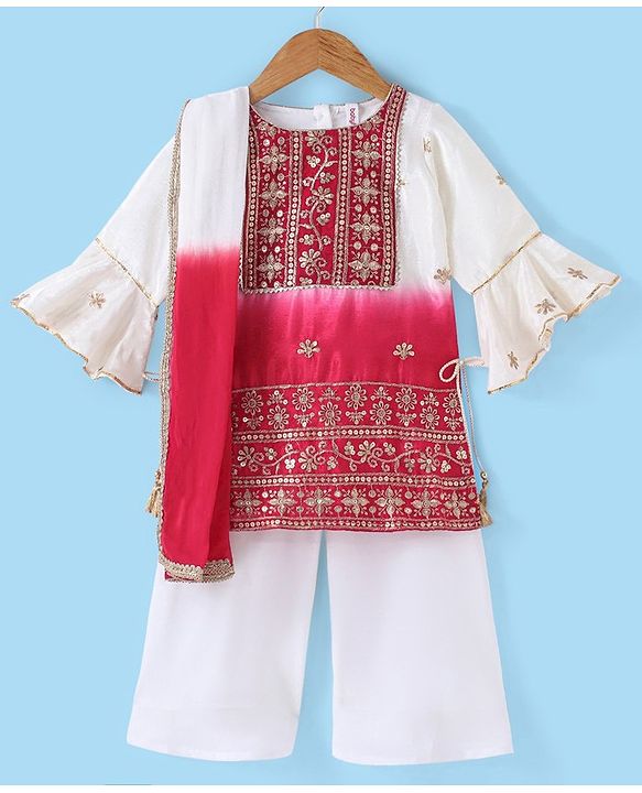 Babyhug Three Fourth Sleeve Shaded Floral Embroidered Kurti Palazo Set with  Dupatta-Off White