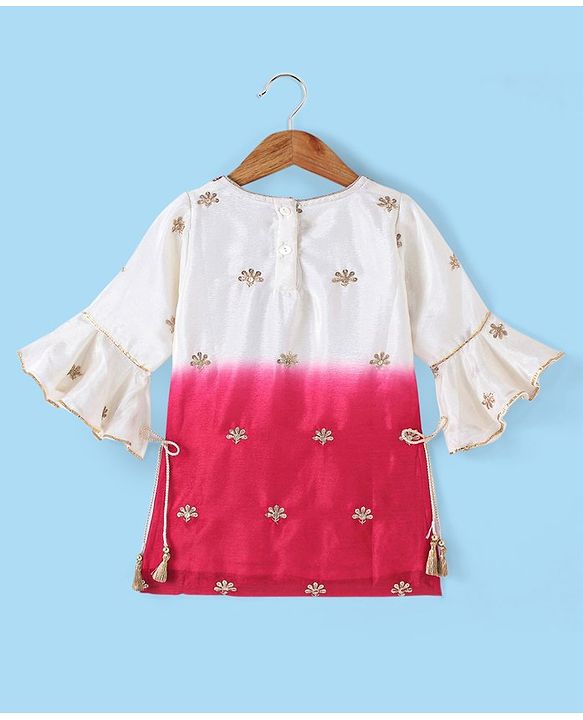 Babyhug Three Fourth Sleeve Shaded Floral Embroidered Kurti Palazo Set with  Dupatta-Off White