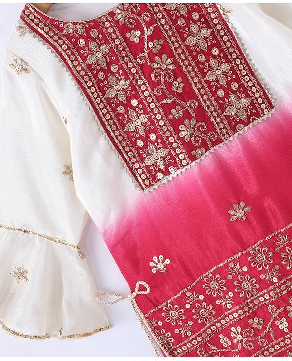 Babyhug Three Fourth Sleeve Shaded Floral Embroidered Kurti Palazo Set with  Dupatta-Off White