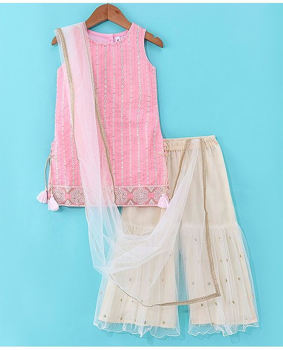 Babyhug Sleeveless Sequenced Embroidered Kurti with Sharara and Dupatta Set - Pink