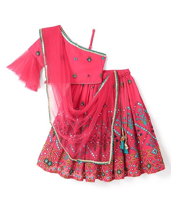 Babyhug One Shoulder Sleeves  Choli Printed with Mirror Embroidered Lehenga and Dupatta - Hot Pink