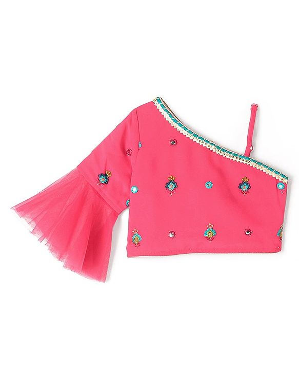 Babyhug One Shoulder Sleeves  Choli Printed with Mirror Embroidered Lehenga and Dupatta - Hot Pink