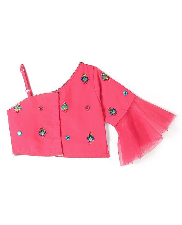 Babyhug One Shoulder Sleeves  Choli Printed with Mirror Embroidered Lehenga and Dupatta - Hot Pink