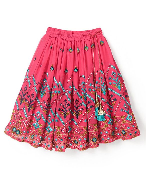 Babyhug One Shoulder Sleeves  Choli Printed with Mirror Embroidered Lehenga and Dupatta - Hot Pink