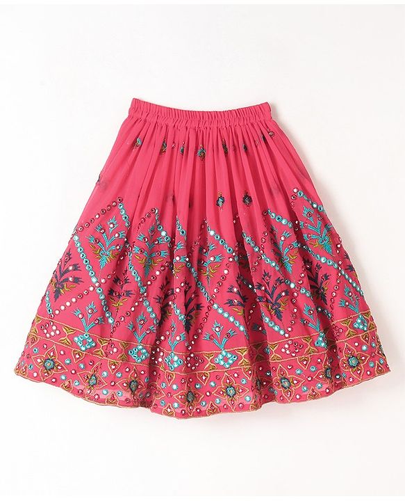 Babyhug One Shoulder Sleeves  Choli Printed with Mirror Embroidered Lehenga and Dupatta - Hot Pink