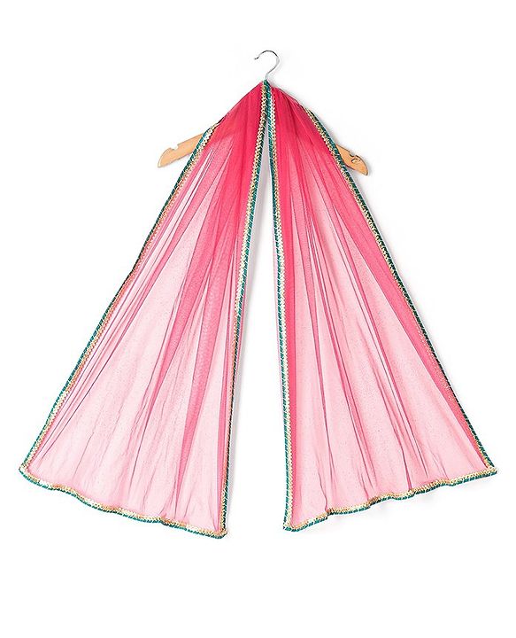 Babyhug One Shoulder Sleeves  Choli Printed with Mirror Embroidered Lehenga and Dupatta - Hot Pink