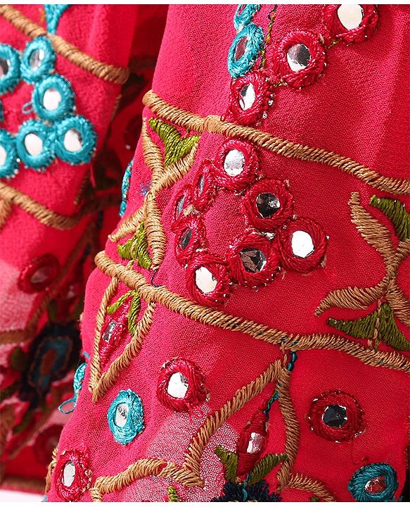 Babyhug One Shoulder Sleeves  Choli Printed with Mirror Embroidered Lehenga and Dupatta - Hot Pink