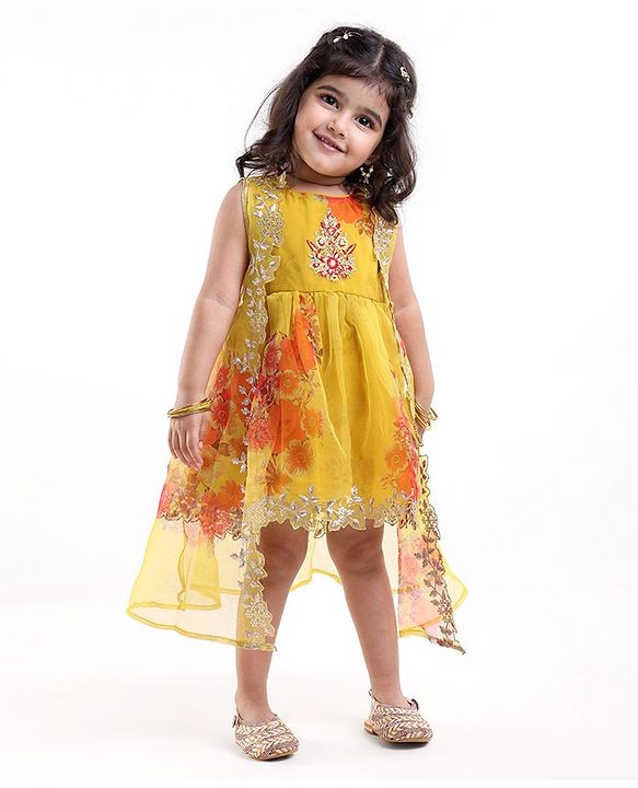 Babyhug Woven Sleeveless Ethnic Dress & Jacket Set With Floral Printed & Embroidery - Yellow