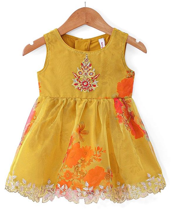 Babyhug Woven Sleeveless Ethnic Dress & Jacket Set With Floral Printed & Embroidery - Yellow