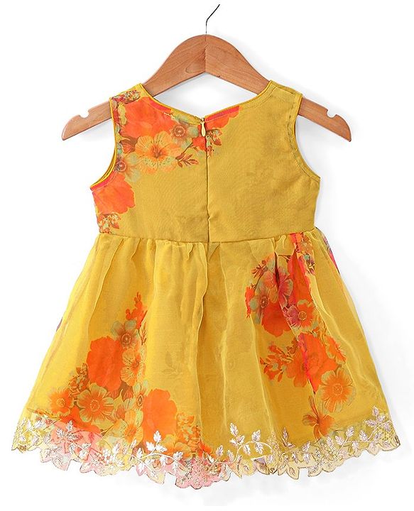 Babyhug Woven Sleeveless Ethnic Dress & Jacket Set With Floral Printed & Embroidery - Yellow