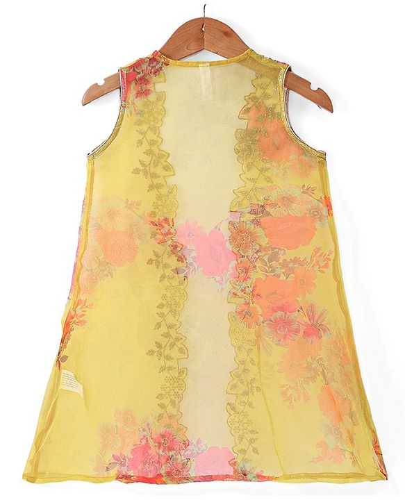 Babyhug Woven Sleeveless Ethnic Dress & Jacket Set With Floral Printed & Embroidery - Yellow