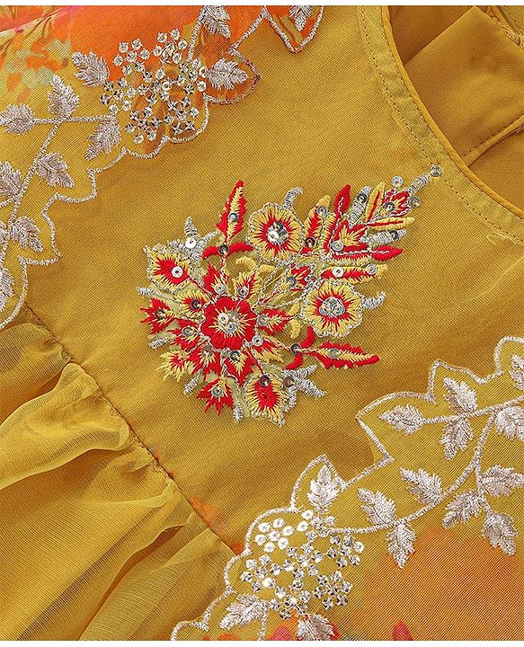 Babyhug Woven Sleeveless Ethnic Dress & Jacket Set With Floral Printed & Embroidery - Yellow