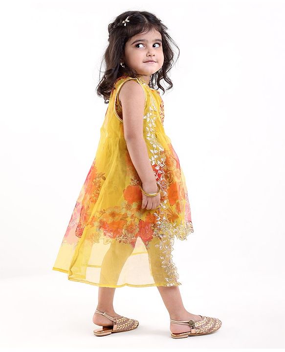 Babyhug Woven Sleeveless Ethnic Dress & Jacket Set With Floral Printed & Embroidery - Yellow