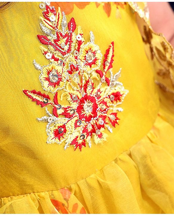 Babyhug Woven Sleeveless Ethnic Dress & Jacket Set With Floral Printed & Embroidery - Yellow