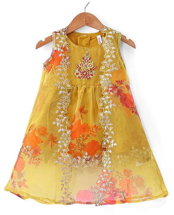Babyhug Woven Sleeveless Ethnic Dress & Jacket Set With Floral Printed & Embroidery - Yellow