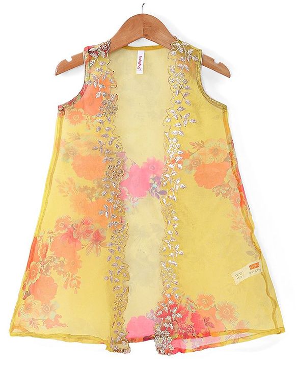 Babyhug Woven Sleeveless Ethnic Dress & Jacket Set With Floral Printed & Embroidery - Yellow