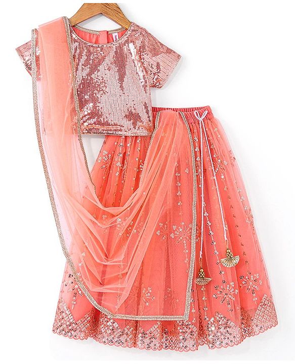 Babyhug Woven Sequined Lehenga and Half Sleeves Choli Set with Lace Border Dupatta - Red