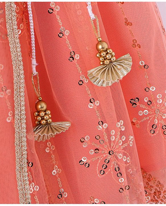 Babyhug Woven Sequined Lehenga and Half Sleeves Choli Set with Lace Border Dupatta - Red