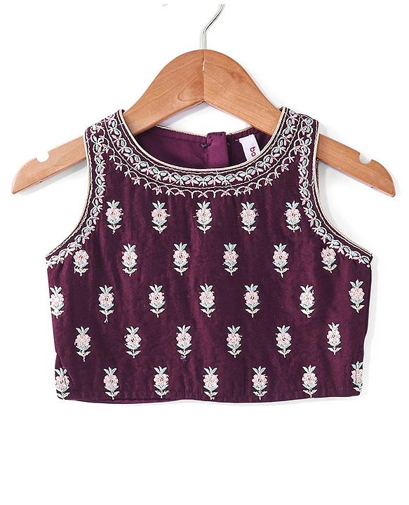 Babyhug Sleeveless Sequined Floral Embroidered Choli Lehenga and Dupatta Set - Wine