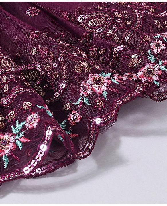Babyhug Sleeveless Sequined Floral Embroidered Choli Lehenga and Dupatta Set - Wine