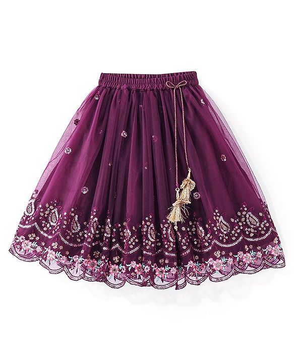 Babyhug Sleeveless Sequined Floral Embroidered Choli Lehenga and Dupatta Set - Wine