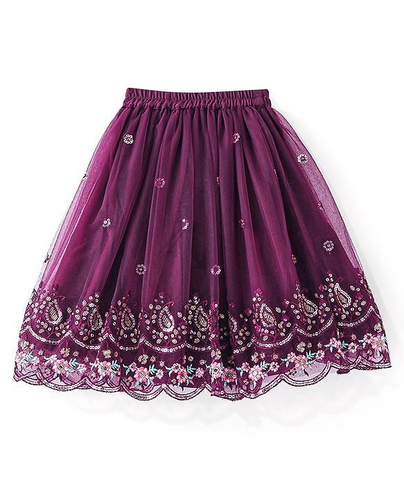 Babyhug Sleeveless Sequined Floral Embroidered Choli Lehenga and Dupatta Set - Wine