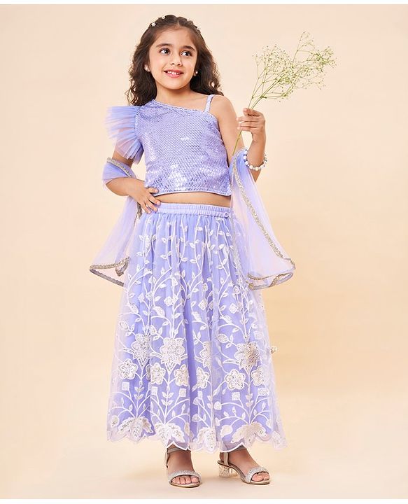 Babyhug Sleeveless Sequenced Choli & Floral Embroidered Lehenga with Dupatta Set - Lavender