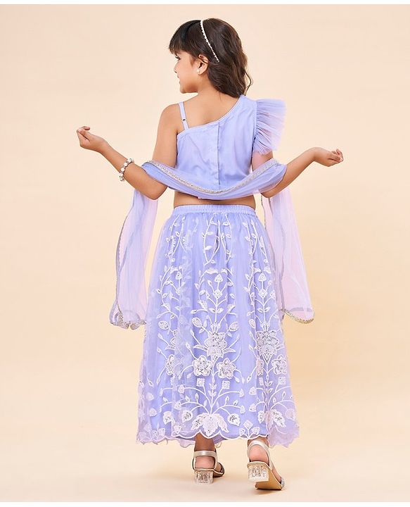 Babyhug Sleeveless Sequenced Choli & Floral Embroidered Lehenga with Dupatta Set - Lavender