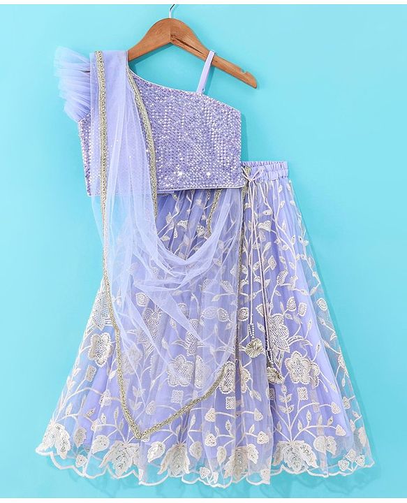Babyhug Sleeveless Sequenced Choli & Floral Embroidered Lehenga with Dupatta Set - Lavender