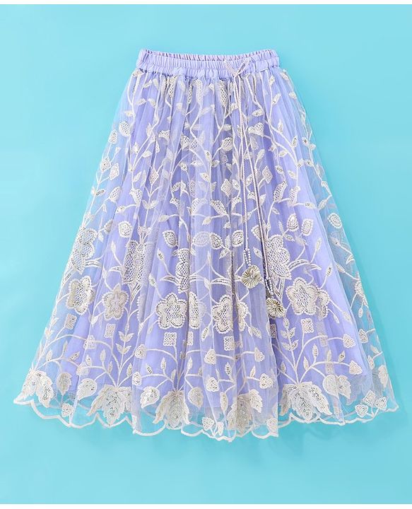 Babyhug Sleeveless Sequenced Choli & Floral Embroidered Lehenga with Dupatta Set - Lavender