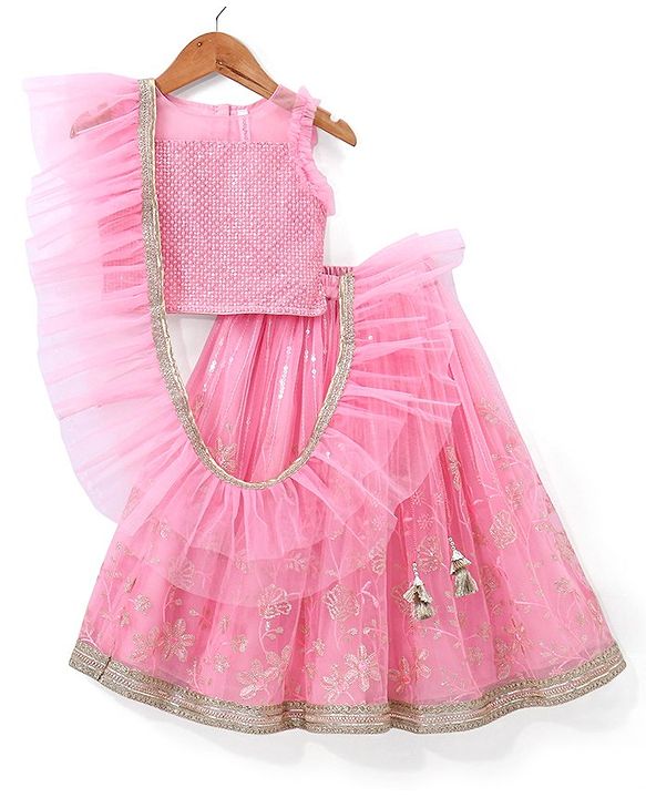 Babyhug Sleeveless Sequenced Choli with Embroidered Lehenga and Dupatta - Pink