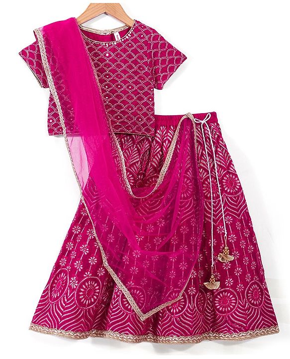 Babyhug Half Sleeves Sequenced Choli with Embroidered Lehenga and Dupatta Set - Fuschia