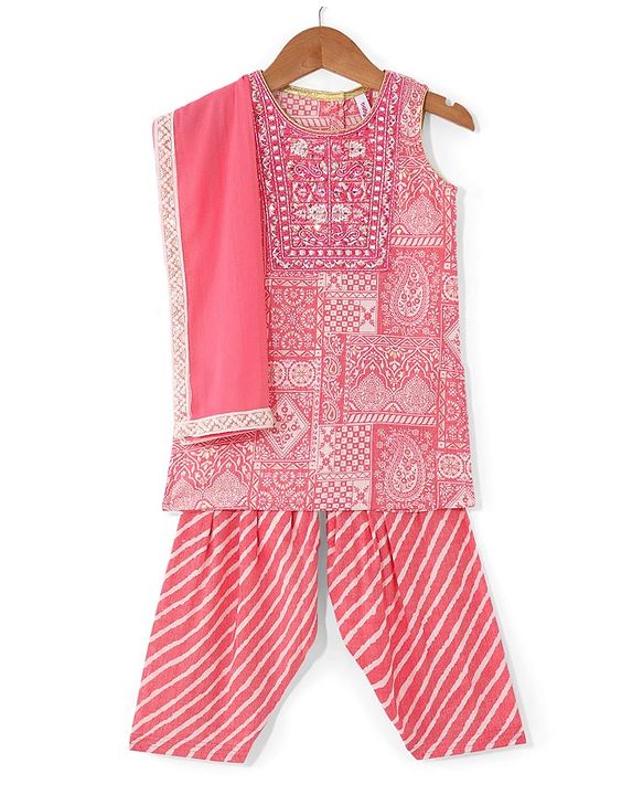 Babyhug Woven Sleeveless Kurti & Churidar Set with Dupatta Ajrakh Print - Pink