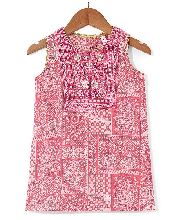 Babyhug Woven Sleeveless Kurti & Churidar Set with Dupatta Ajrakh Print - Pink