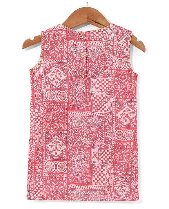 Babyhug Woven Sleeveless Kurti & Churidar Set with Dupatta Ajrakh Print - Pink