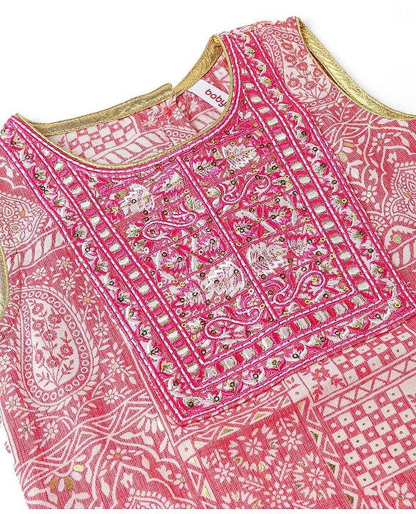 Babyhug Woven Sleeveless Kurti & Churidar Set with Dupatta Ajrakh Print - Pink