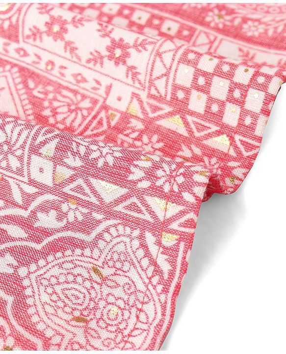 Babyhug Woven Sleeveless Kurti & Churidar Set with Dupatta Ajrakh Print - Pink